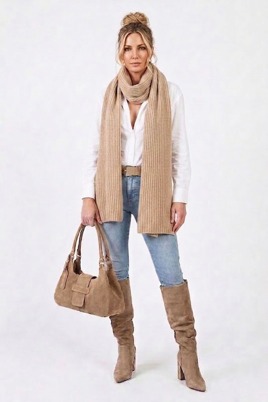 Handcrafted women's comfortable and elegant custom-made formal knee-high boots in premium tan beige leather. High block heels. Pointed toe. Perfect for elevated everyday style. 
                Choose from our luxurious collections of leather and fabric to perfectly match your knee-high boots to your outfits. - Florence KOOIJMAN